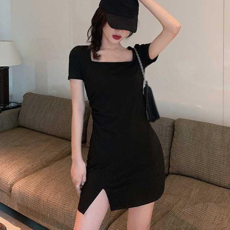 Đầm Nữ Cổ Vuông Màu Đen Xẻ Tà Quyến Rũ Phong Cách Pháp