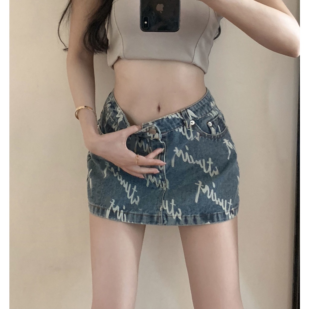 2023 Chân váy denim lưng cao thời trang dành cho phái nữ