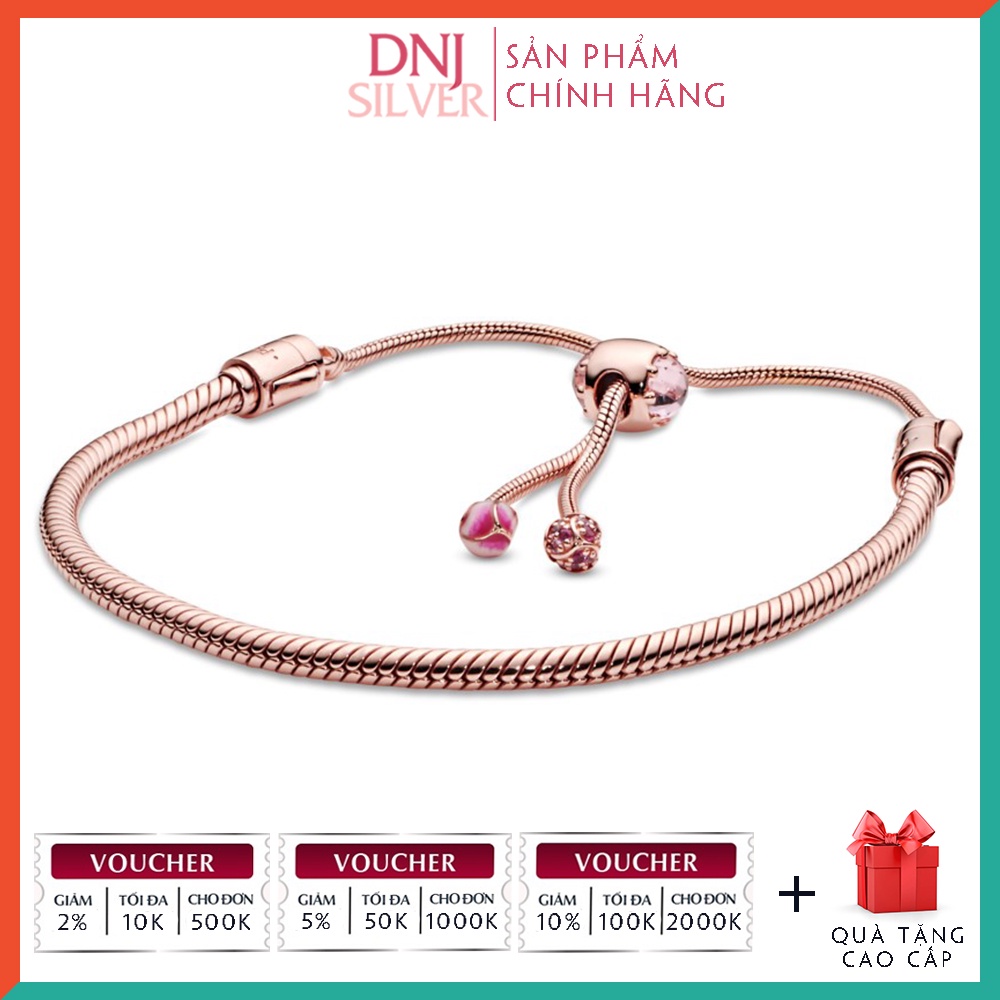 Vòng charm bạc 925 cao cấp - Mẫu vòng Pink Peach Blossom Flower Snake Chain Slider, dây rút freesize Rose Gold cao cấp