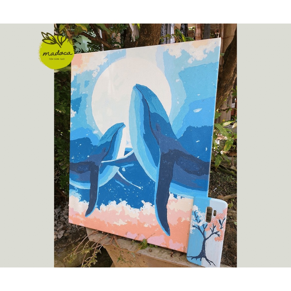 Tranh tô màu số hóa Madoca có khung 40x50cm Cá Heo Xanh