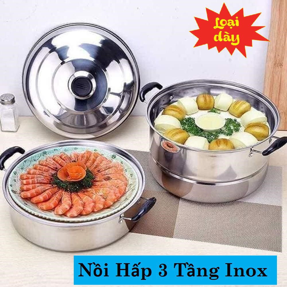 Nồi hấp inox 3 tầng🎈free ship🎃 không gỉ đa năng cỡ lớn - Xửng hấp kiêm luộc - hấp cách thủy nồi cao cấp inox dày