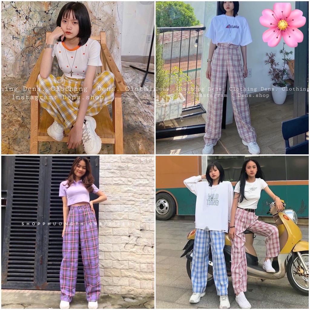 Quần Culottes Cúc Cảnh - Cul xuông dáng thụng kẻ ô lưng cao TRENDY