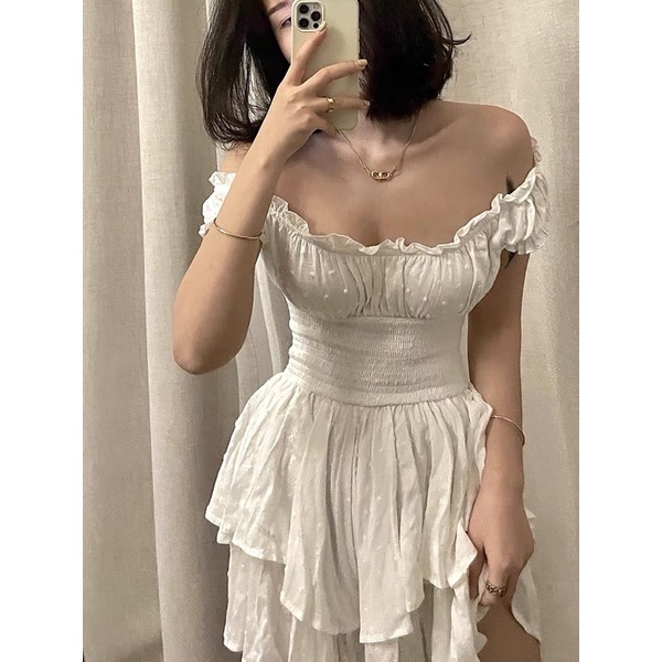 Đầm Trễ Vai Hai Tầng Xinh Xắn Eo Chun Co Giãn