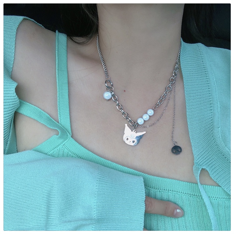 Vòng cổ Hình Mèo Phản Quang Đính Ngọc Trai Thời Trang Phong Cách hip hop Hàn Quốc