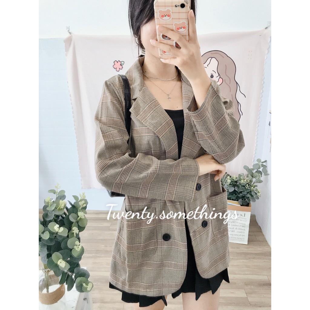 ÁO BLAZER KẺ NÂU GHI 1 LỚP ( ảnh thật/ video/ sẵn) | BigBuy360 - bigbuy360.vn
