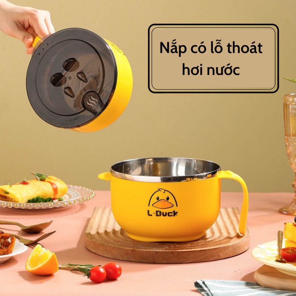Tô Ăn MìFREESHIPBát Úp Mì Lõi Inox Giữ Nhiệt Cao Cấp 1000ml Hình Chú Vịt Vàng Đáng Yêu Có Khe Rót Nước Tiện Lợi