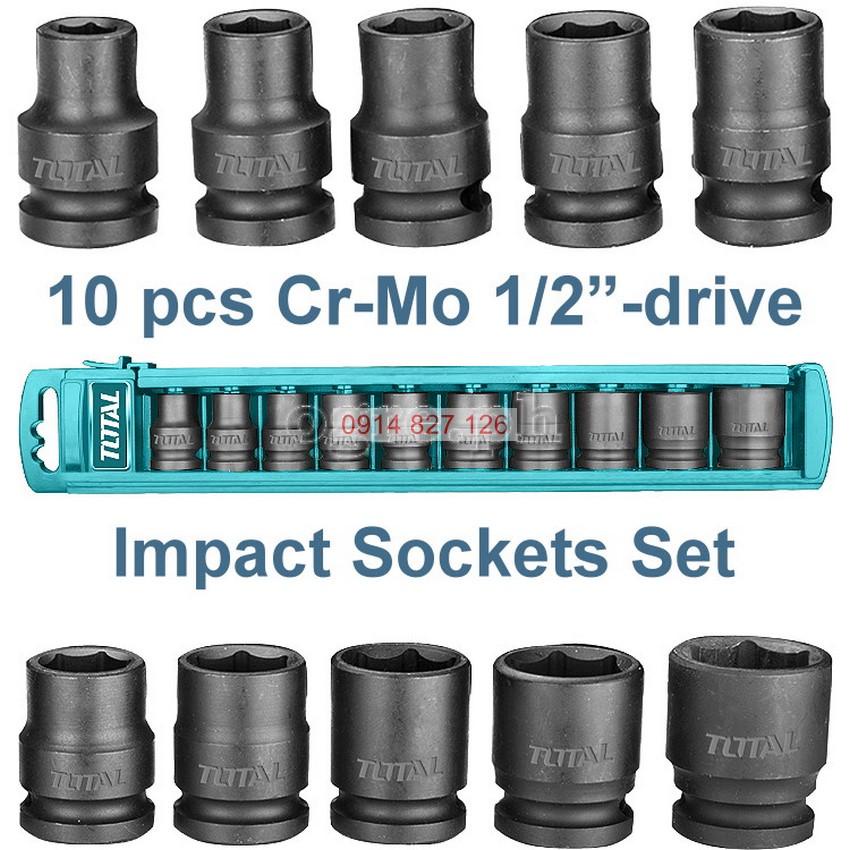 Bộ 10 đầu tuýp 1/2inch Impact DR TOTAL THISTD12101 dài 40mm đầu tiếp 10-24mm, thép CrMo, Bh 6 tháng
