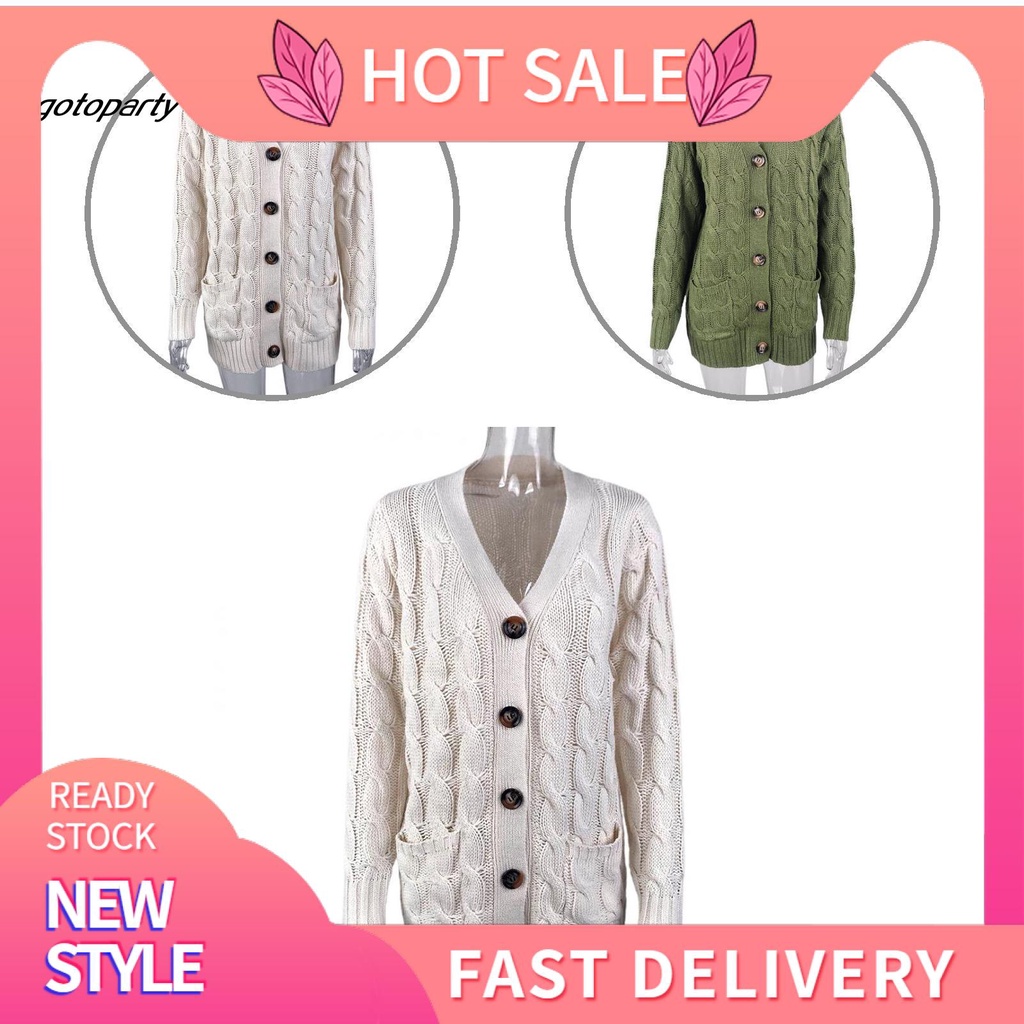 Áo khoác cardigan dệt kim màu trơn cài nút có túi thời trang mùa đông cho nữ