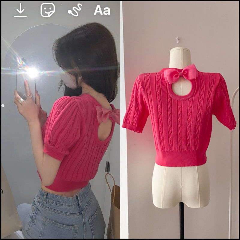 Áo Dệt Kim Tay Ngắn Dáng Ôm Thắt Nơ Thời Trang Mùa Hè Cho Nữ