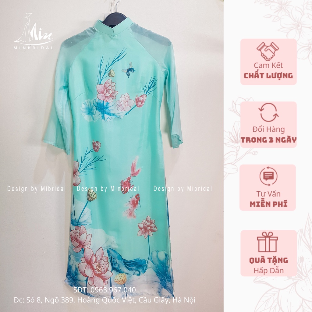 Áo dài tết màu xanh nhạt, 4 tà cổ vuông 2cm chất liệu voan tơ óng in hoa văn | BigBuy360 - bigbuy360.vn