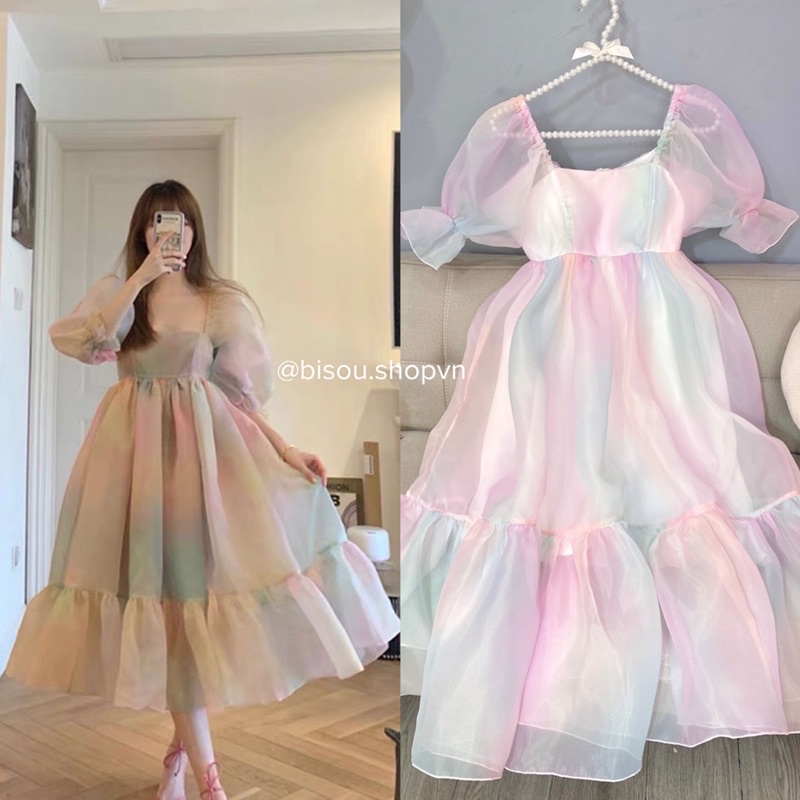 Đầm tơ organza cao cấp váy công chúa xoè bồng màu cầu vồng
