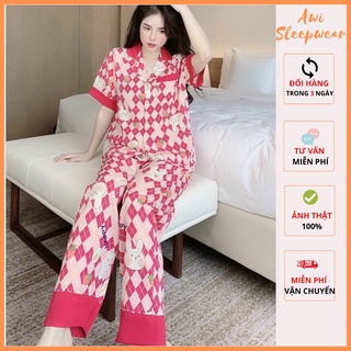 Bộ Pyjama Tay Ngắn Quần Dài Cổ Phối Chất Lụa Mango Xinh Awi Sleepwear