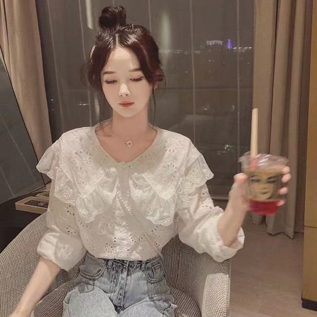 Áo sơ mi cổ búp bê phối ren màu trắng ngọt ngào phong cách Hàn Quốc thời trang mùa xuân mới cho nữ 2021 | BigBuy360 - bigbuy360.vn
