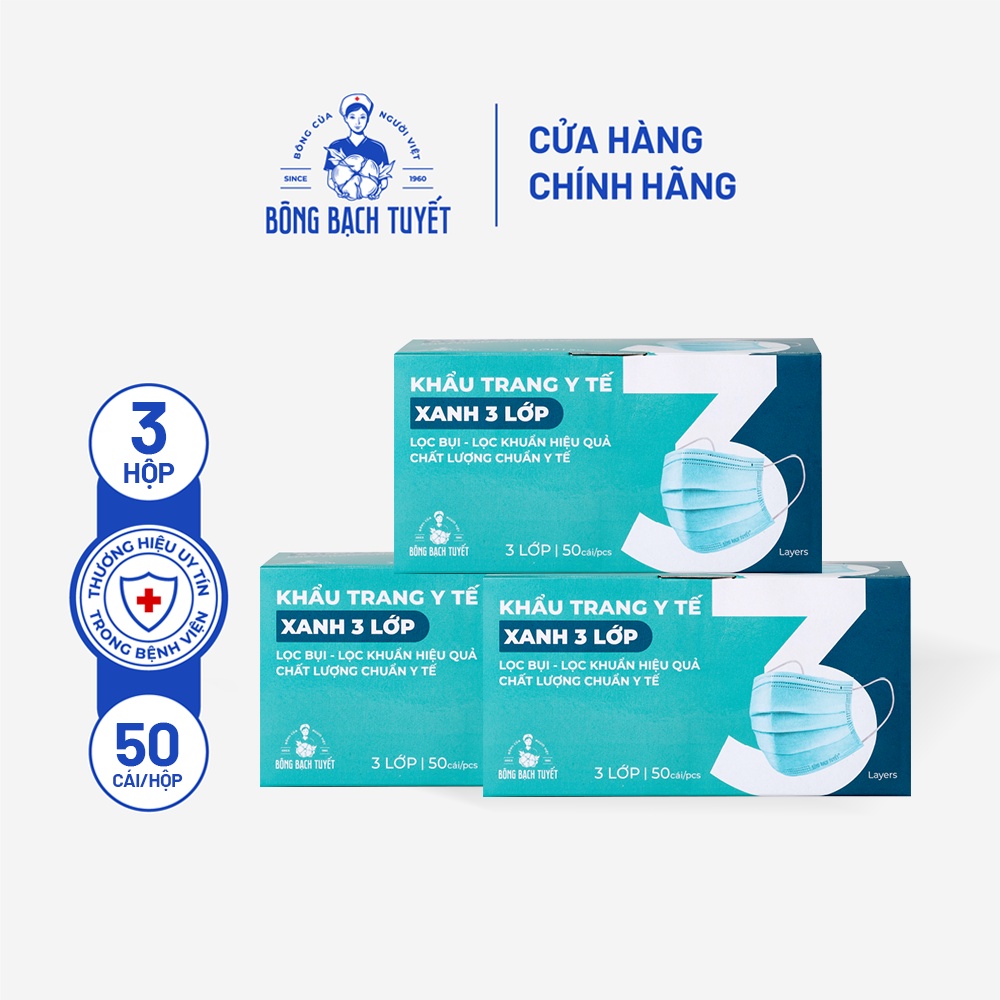 Combo 3 Hộp Khẩu trang Bông Bạch Tuyết 3 lớp xanh (50 cái/hộp)