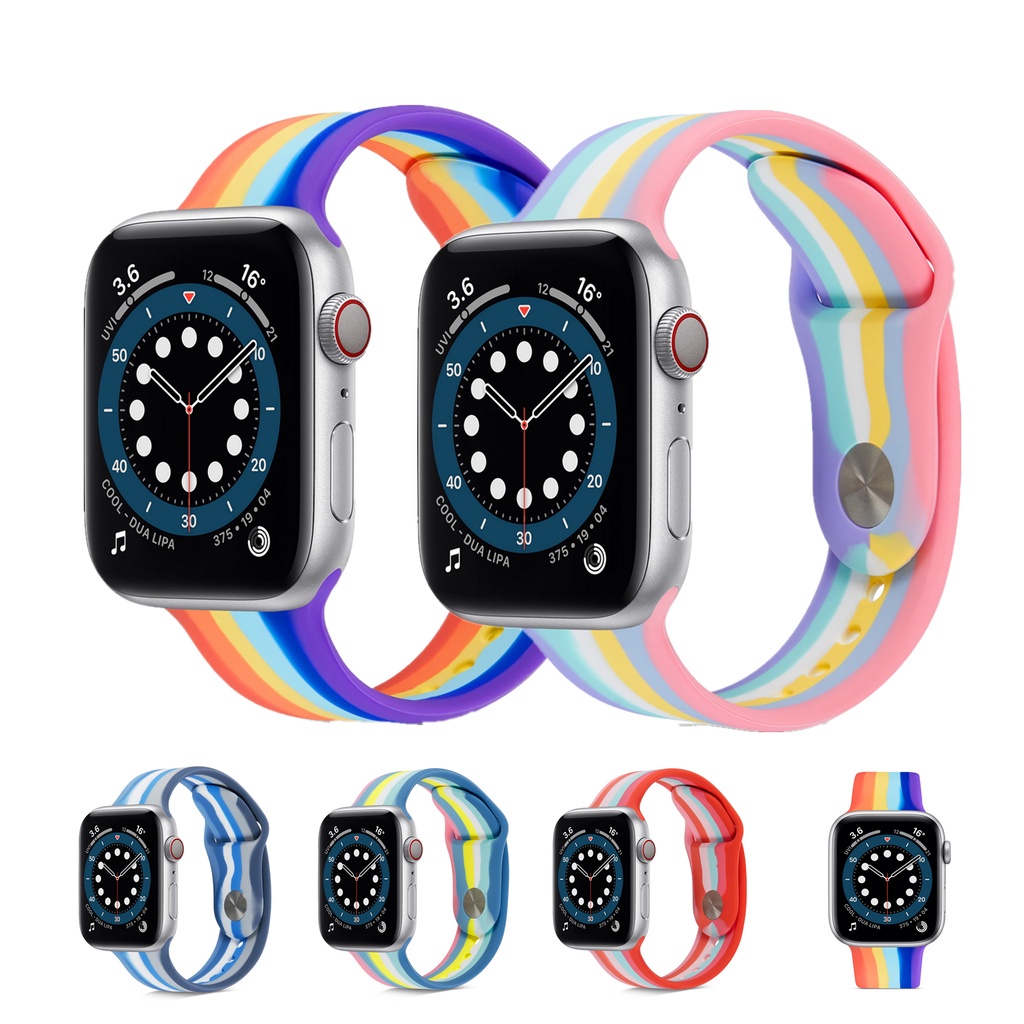 Dây Đeo Đồng Hồ Bằng Silicone Màu Cầu Vồng 2021 44mm 40mm 38mm 42mm Cho Apple Watch 2 3 4 5 6 Se