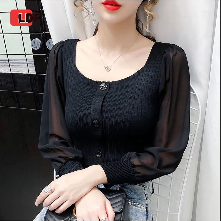 Áo Lưới Cổ Vuông Tay Dài Phồng Phối Màu Tương Phản Thời Trang Cho Nữ