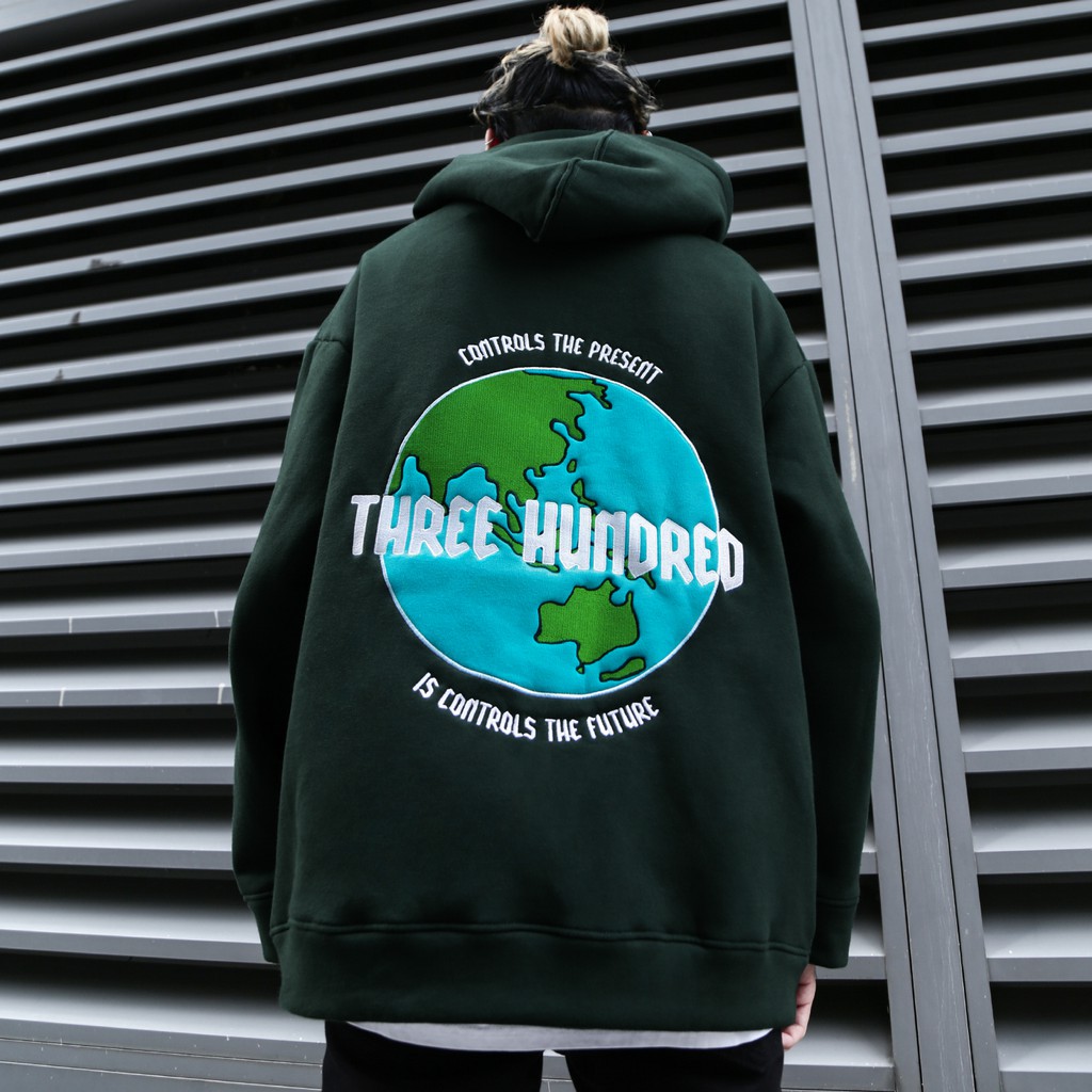 Áo Hoodie Unisex Thêu Trái Đất-Phía Trước Thêu Chữ-Đường Thêu Tỉ Mỉ-Vải Nỉ Bông Dày Dặn-Form Rộng-Màu Xanh Lá Đậm