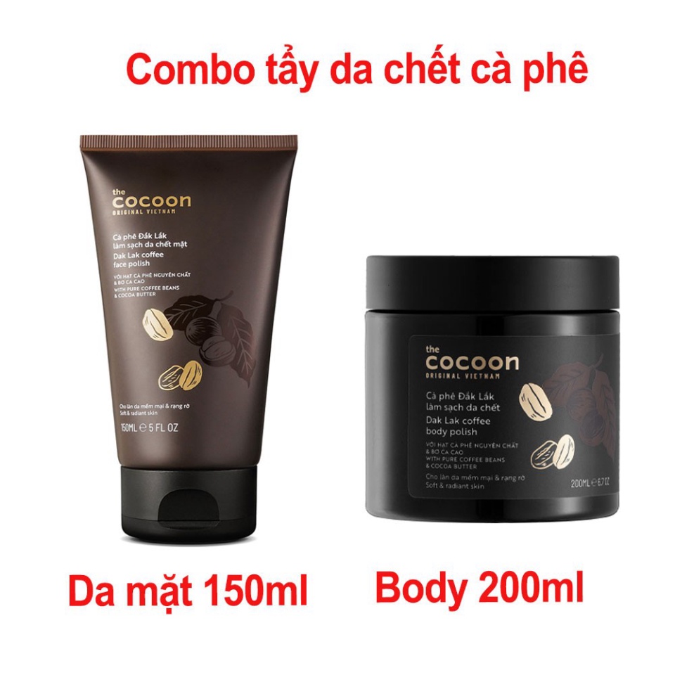 Bộ Cà Phê Đắk Lắk Làm Sạch Da Chết Cocoon Tẩy da chêt Da Mặt 150ml VÀ Body 200ml