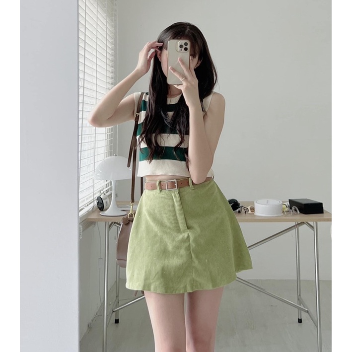 [NEW]SET ÁO TĂM NHUNG MIX CHÂN VÁY KÈM ĐAI DA style Ulzzang