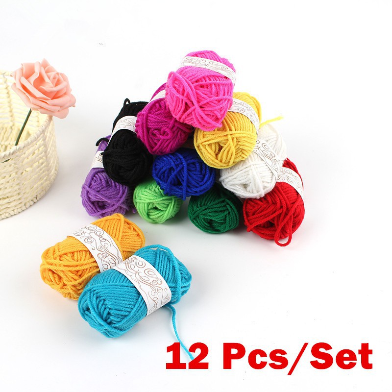 Bộ 12 cuộn len sợi đan móc nhiều màu