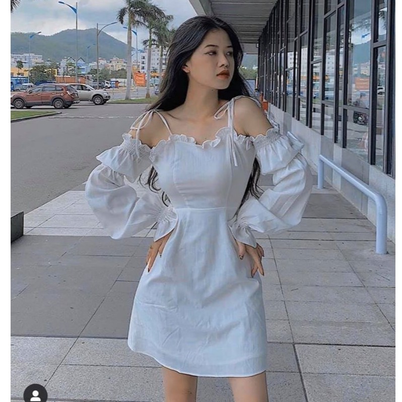 Đầm Nữ Cột Dây Hở Vai Trắng Tinh Khôi Chất Liệu Kate Thoải Mái