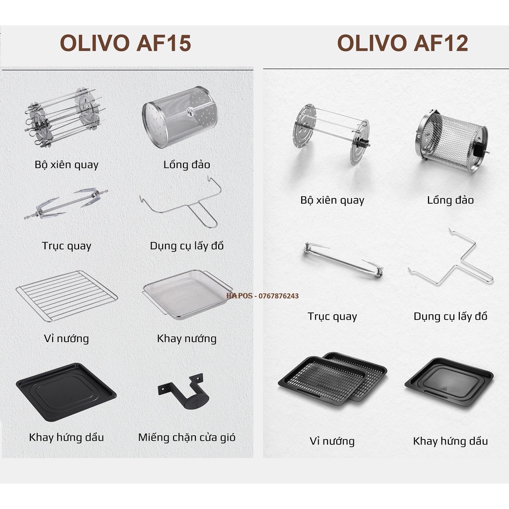 Nồi chiên không dầu OLIVO AF12/ AF15 thương hiệu Mỹ cảm ứng đa chức năng tặng thảm - HAPOS