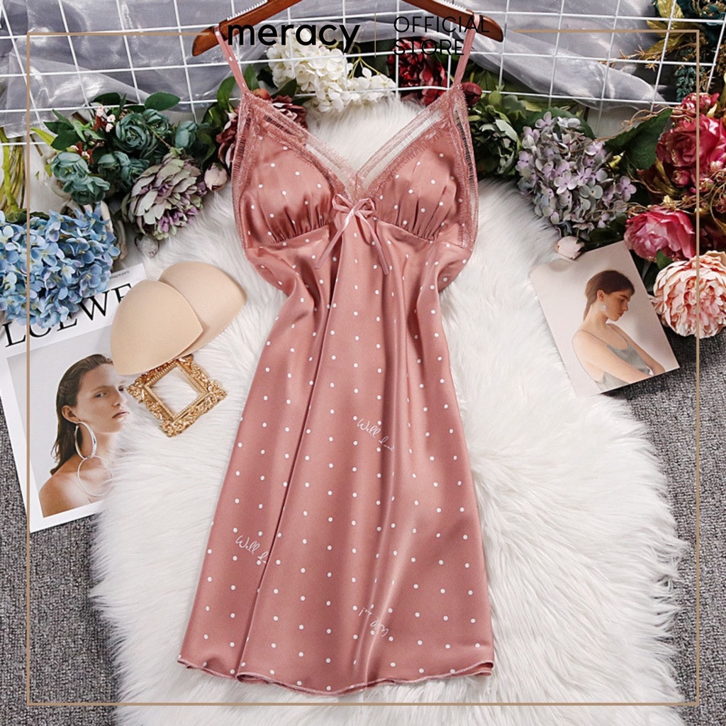 Đầm ngủ 2 dây lụa satin nữ MERACY váy ngủ lụa hai dây có mút ngực họa tiết chấm bi M04-VN