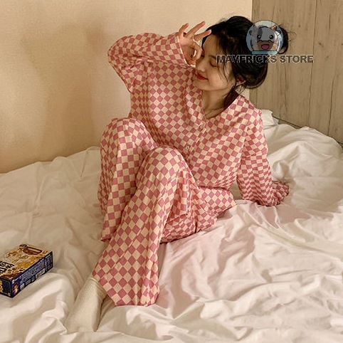 Bộ đồ ngủ pijama dài tay họa tiết kẻ caro trắng đỏ thời trang mùa thu mới thoải mái cho nữ