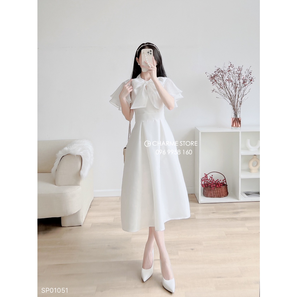 Váy nữ dáng xòe phối cổ nơ thiết kế Charme 201051