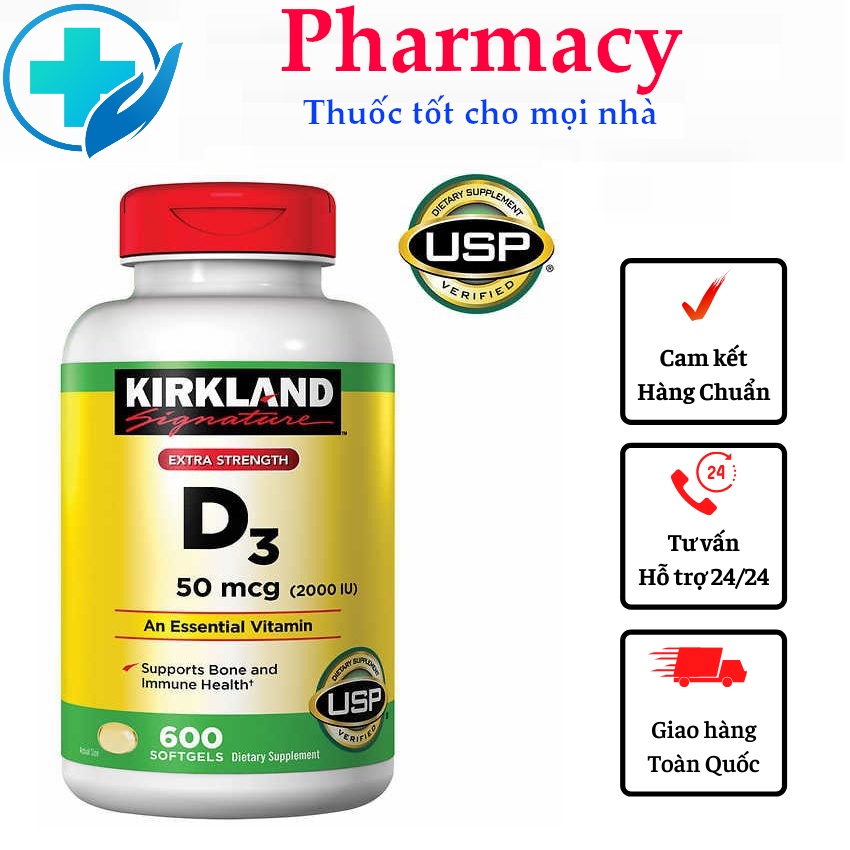 Vitamin D3 Kirkland Extra Strength D3 50mcg 600 viên của Mỹ - Tăng cường sức khỏe của xương răng, cơ, tăng miễn dịch
