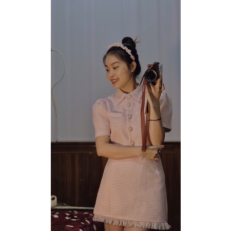 Set dạ tweed ngắn tay màu hồng ngọt ngào