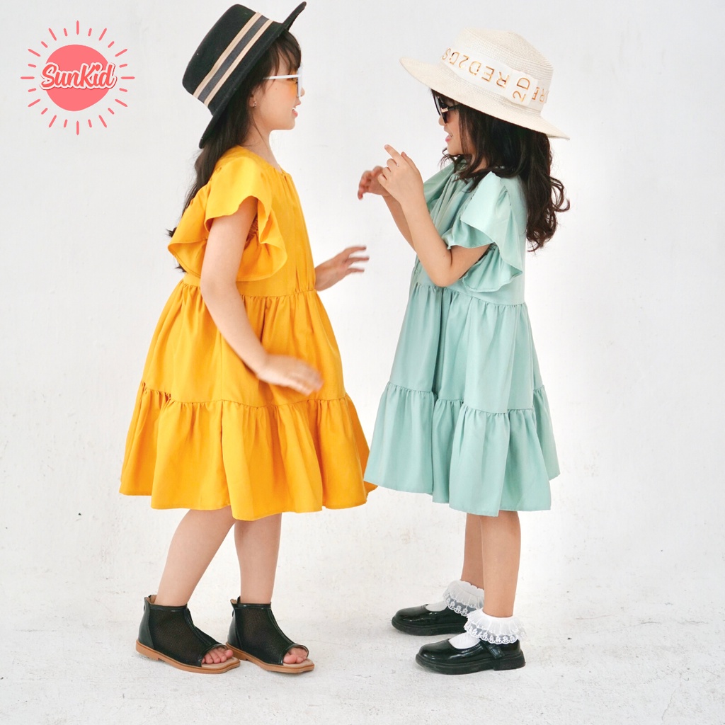 [XẢ KHO] Váy bé gái babydoll trơn vải trượt nhật cao cấp mùa hè Sunkid CT1 màu vàng, xanh 4-12 tuổi