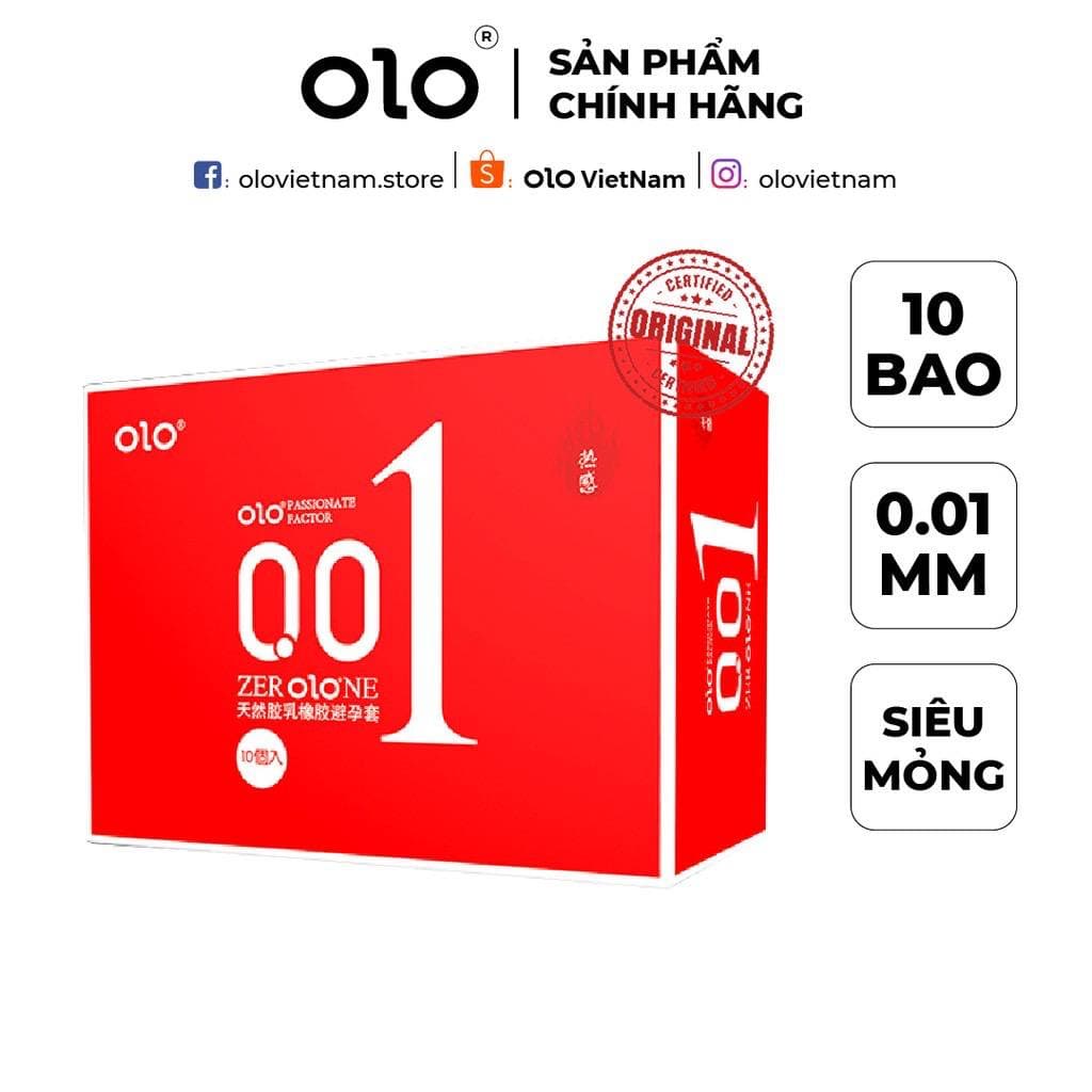 Bao cao su OLO Zero One đỏ siêu mỏng 0.01mm nhiều gel bôi trơn HA 10 bao