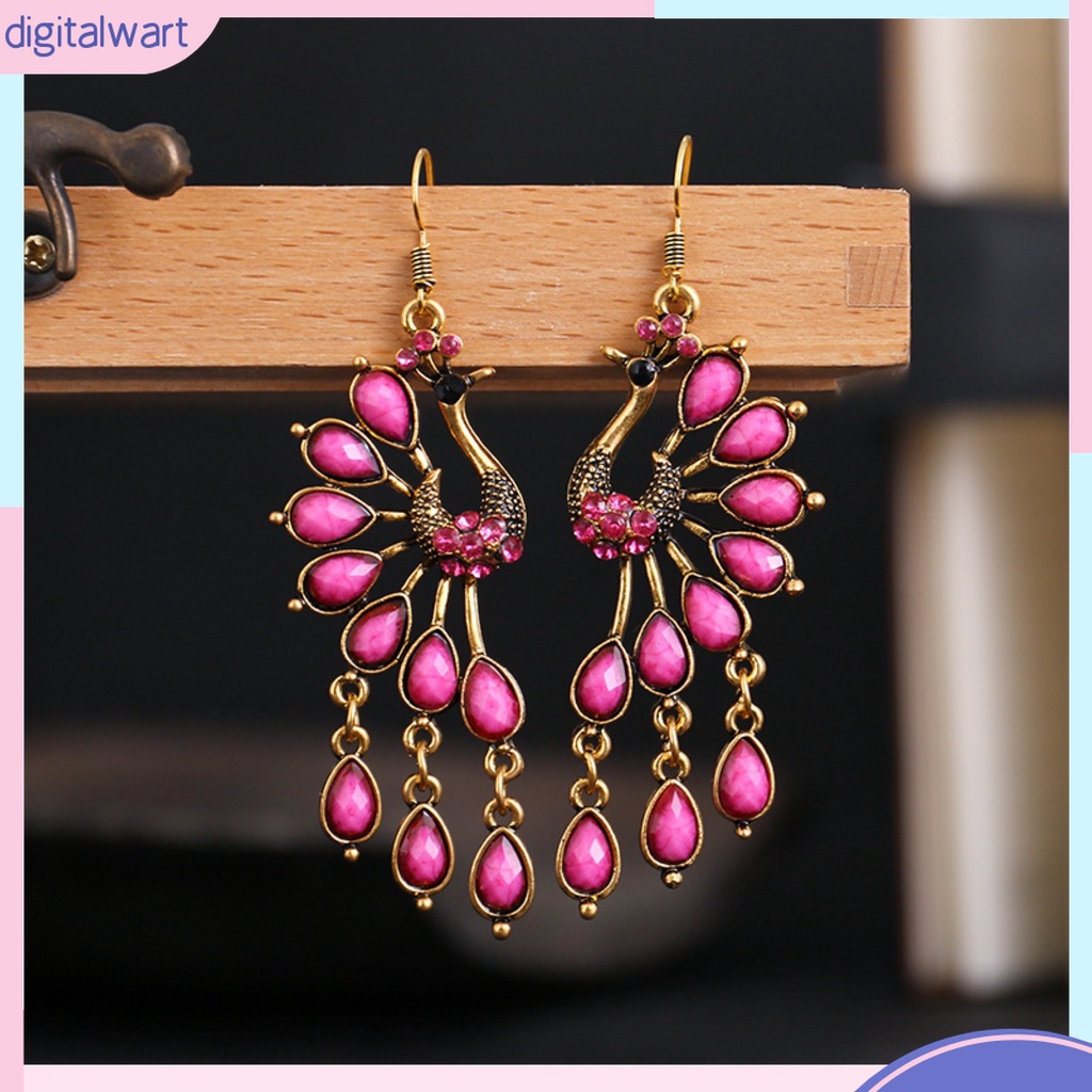 1 Đôi Bông Tai Dáng Dài Hình Chim Công Đính Đá Trang Nhã