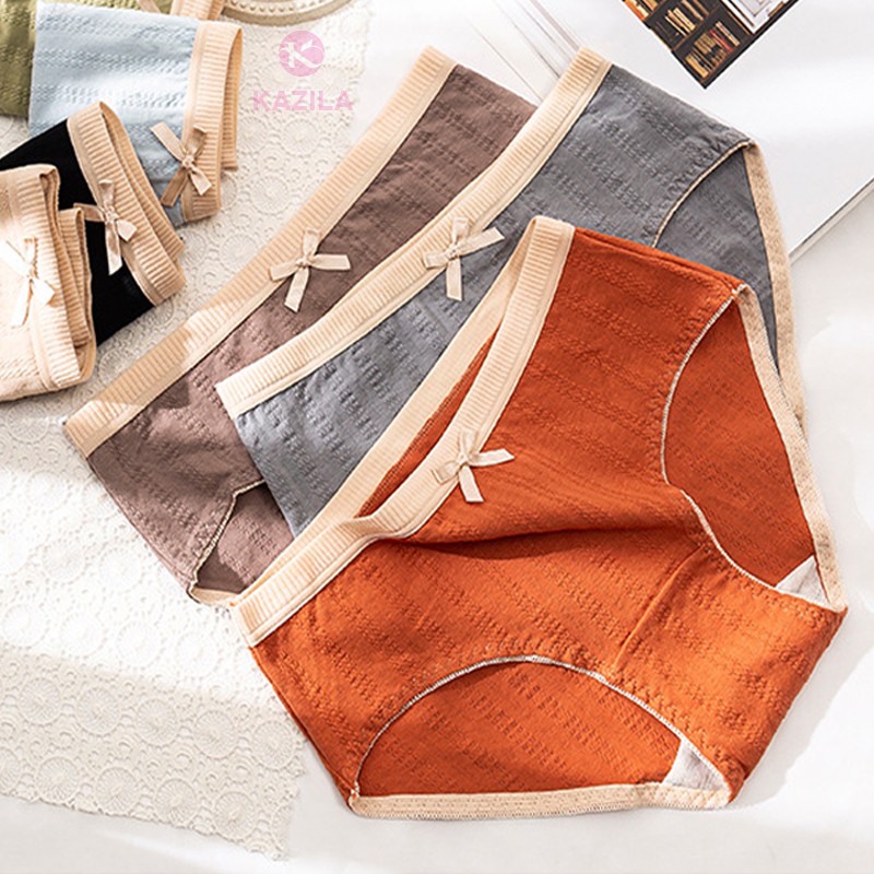 Quần lót nữ cotton cao cấp tân cổ điển phối nơ gân nổi, quần sịp nữ co giãn siêu thấm Kazila QLH58