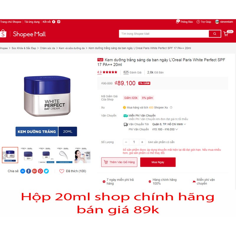 Hàng khuyến mãi ! Kem dưỡng trắng sáng da ban ngày Loreal Paris White Perfect SPF 17 PA++ 20ml