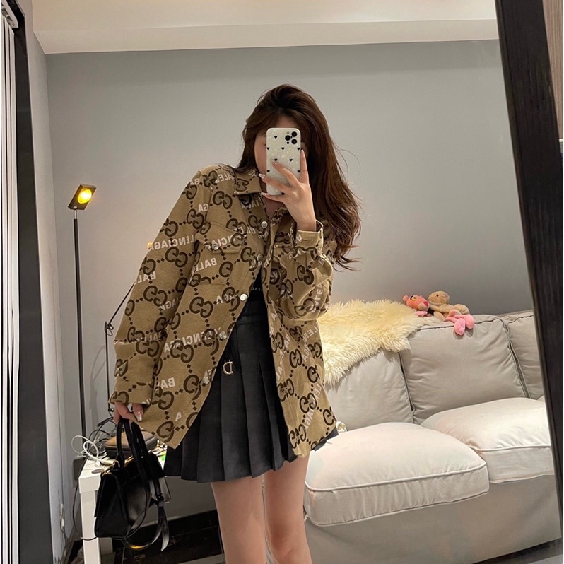 Áo khoác sơ mi nữ logo thương hiệu Balenciaga x Gucci GC/GG cao cấp