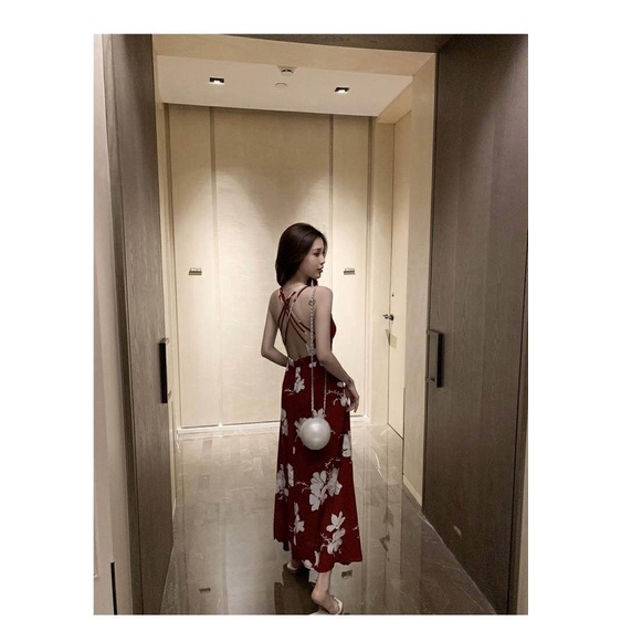 Váy Maxi  Hoa 2 Dây Đan Lưng