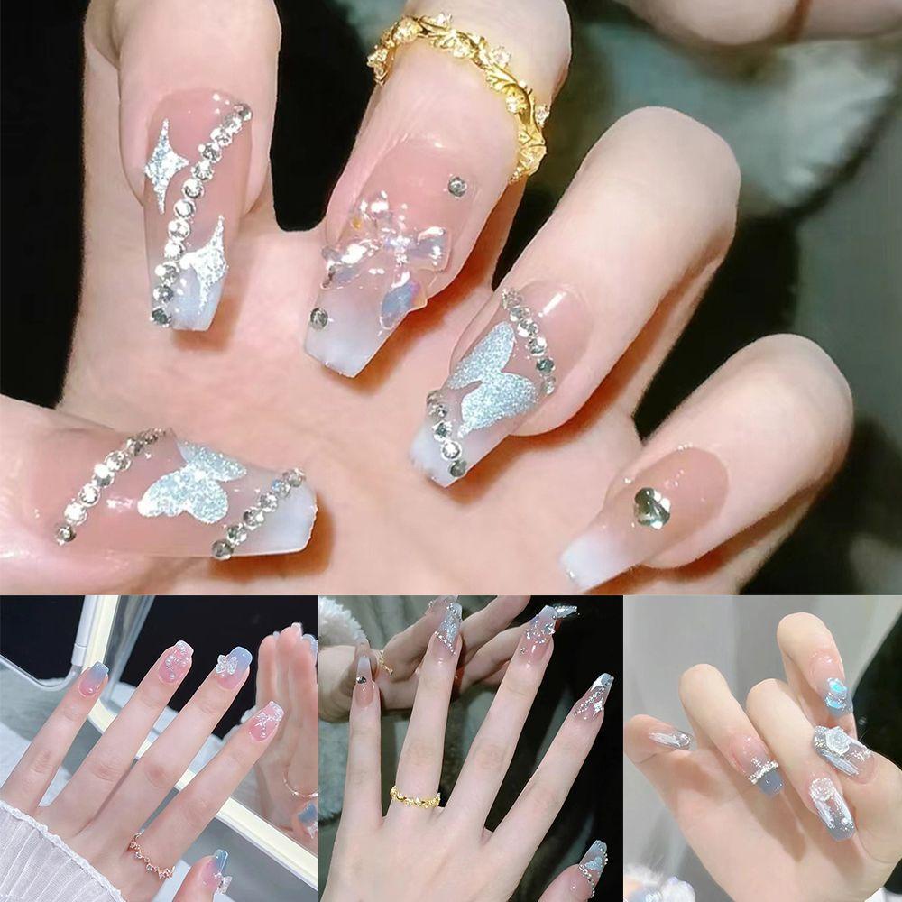 Set 24 Móng Tay Giả Kiểu Chuỗi Xích Màu Hồng / Xanh Dương Lấp Lánh