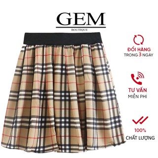 Chân váy xoè GEM08 eo chun kẻ caro có lót trong chất liệu vải lanh .
