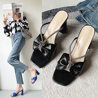 Giày cao gót nơ nữ mũi tròn, gót vuông, đính đá cao cấp, cao 3 phân 926