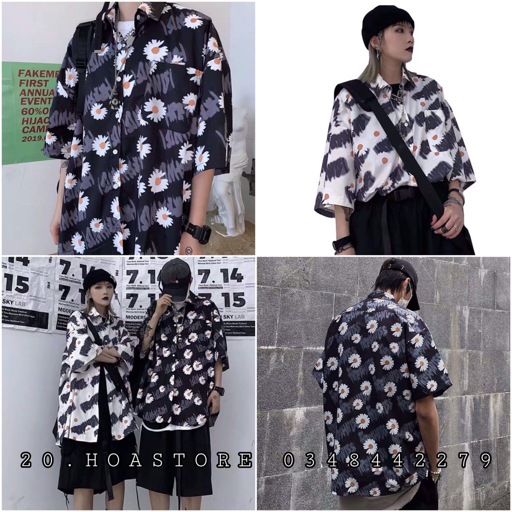 ÁO POLO CỔ BẺ LOANG HOA CÚC - ÁO SƠ MI TAY LỠ IN HOA CÚC TRẮNG ĐEN ULZZANG