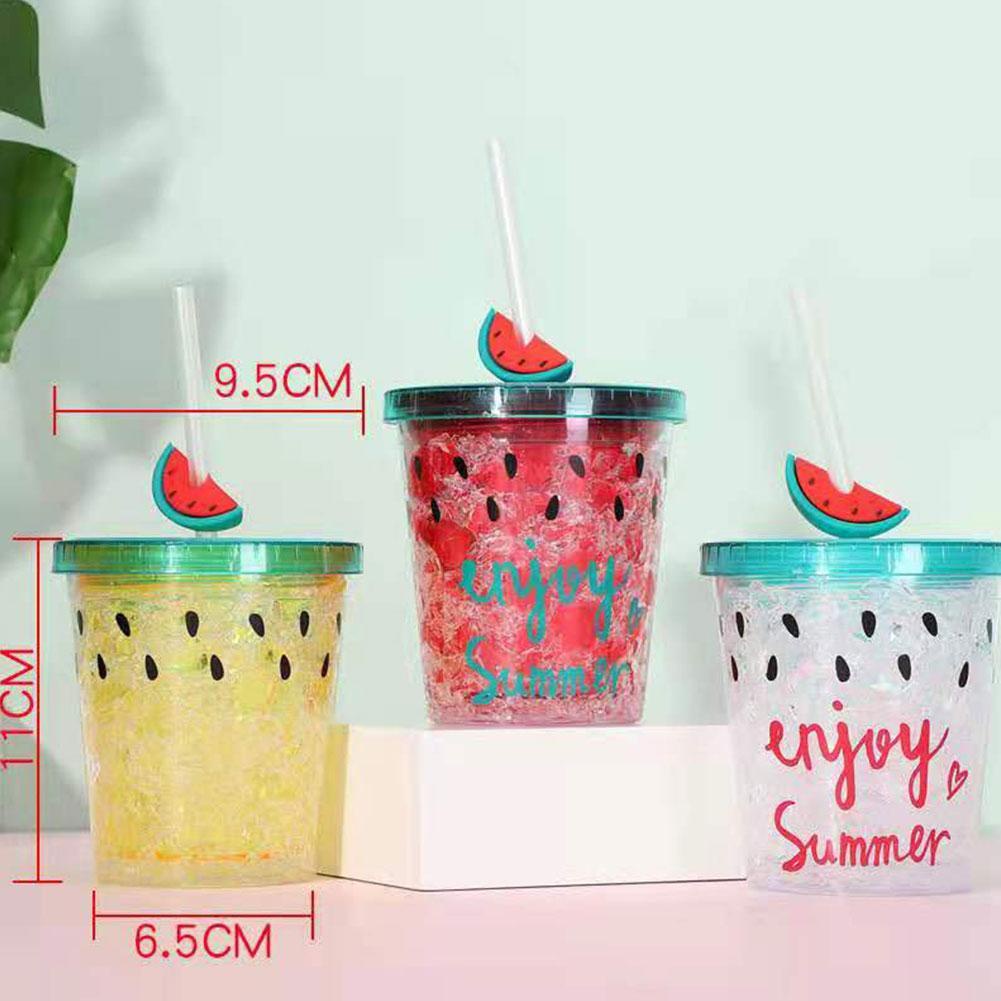 Bình Nước Hai Lớp Kèm Ống Hút Hình Dưa Hấu 350ml J1B5