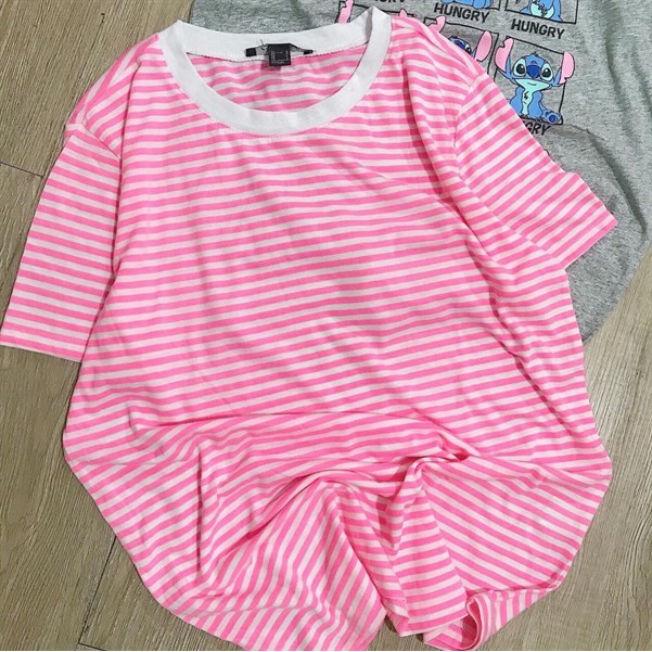 Áo Thun F21 Cotton Lụa Mịn Cổ Tròn Tay Ngắn Sọc Trắng Hồng (48-60kg) (Kèm số đo size trong phần mô tả SP)