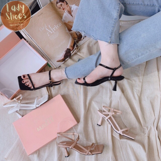 Sandal mũi vuông quai mảnh xéo eo gót 6p giaynu99