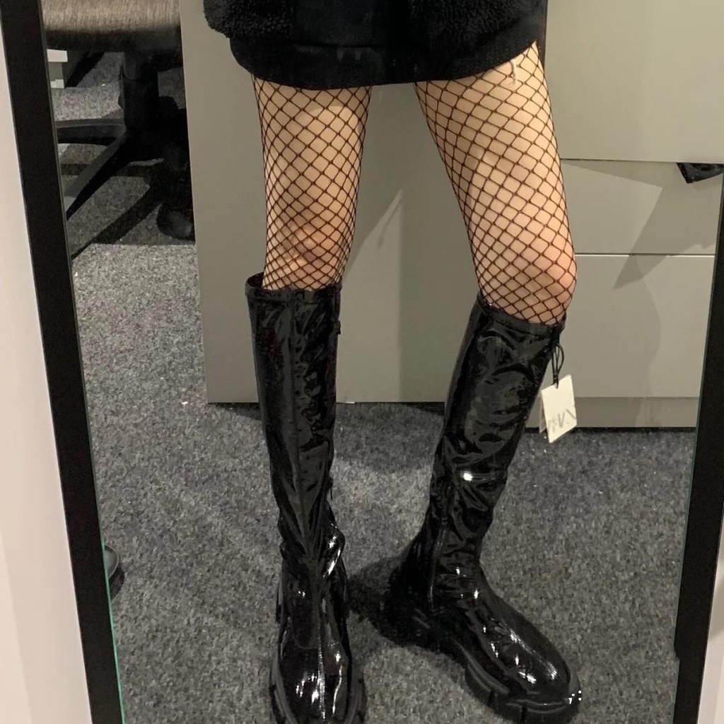 Giày Bốt Da Bóng Za2021 Co Giãn Tốt Đế Bằng Phối Khóa Kéo Bên Hông Thời Trang Mùa Thu Cá Tính