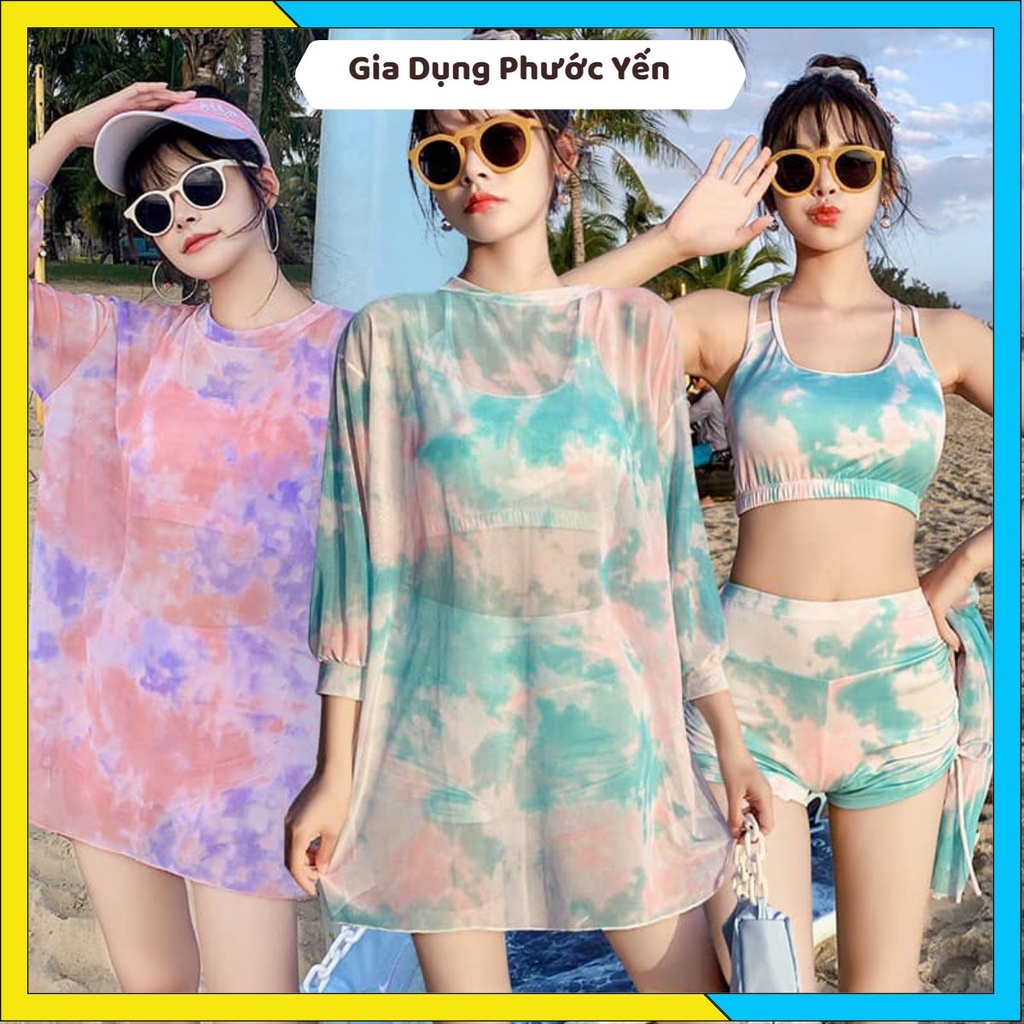 Bộ đồ bơi áo tắm bikini đi biển nữ gồm áo , quần , áo choàng ngoài 3 chi tiết thời trang họa tiết loang hot trend 2022