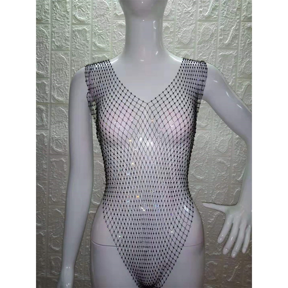 Áo liền quần DUNEA cổ chữ V phối lưới đính đá quyến rũ thời trang dành cho nữ