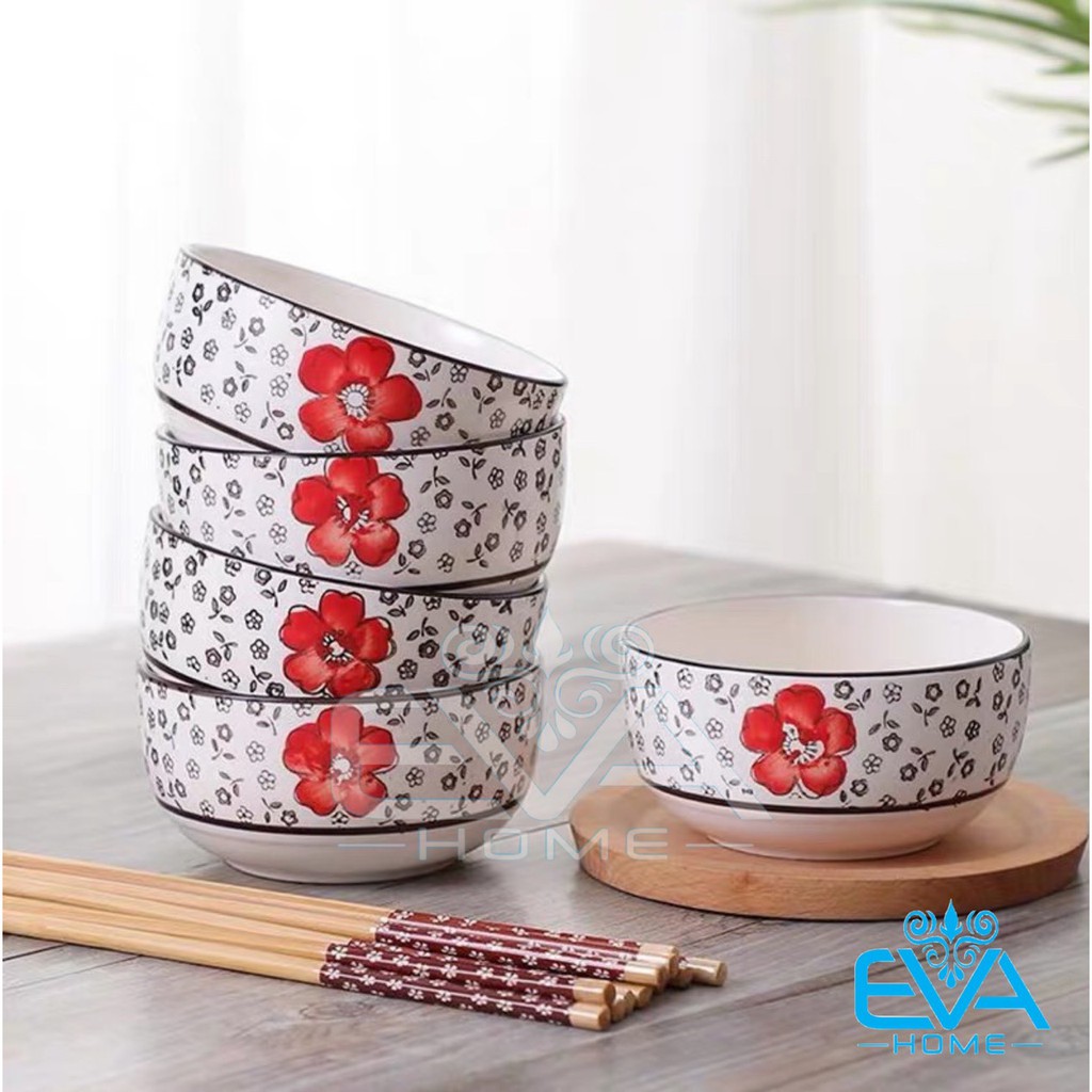 Bộ 6 Chén 6 Đũa Hoạ Tiết Hoa Đào Kiểu Nhật Cao Cấp M1188