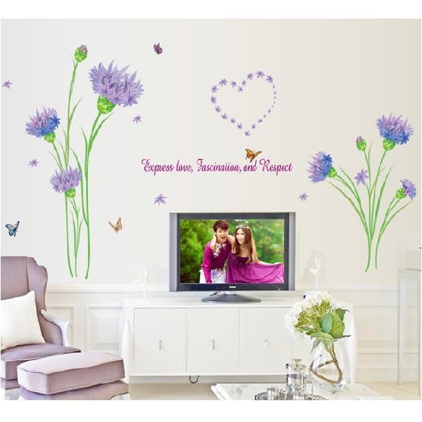 Decal Hoa cẩm chướng tím dán trang trí phòng ngủ